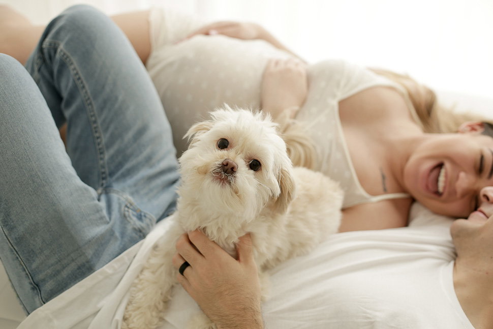 Fun Maternity Photography with their pet in Cambridge UK
